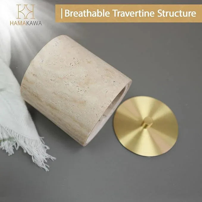 HAMAKAWA Nartural Marble Qtip Holder with Brass Lid, Beige Travertine Cotton Swab Jar, Modern Round Canister, Small Apothecary Storage Jars for Bathroom, Bedroom, Vanity, Kitchen Cabinet - ModernBath