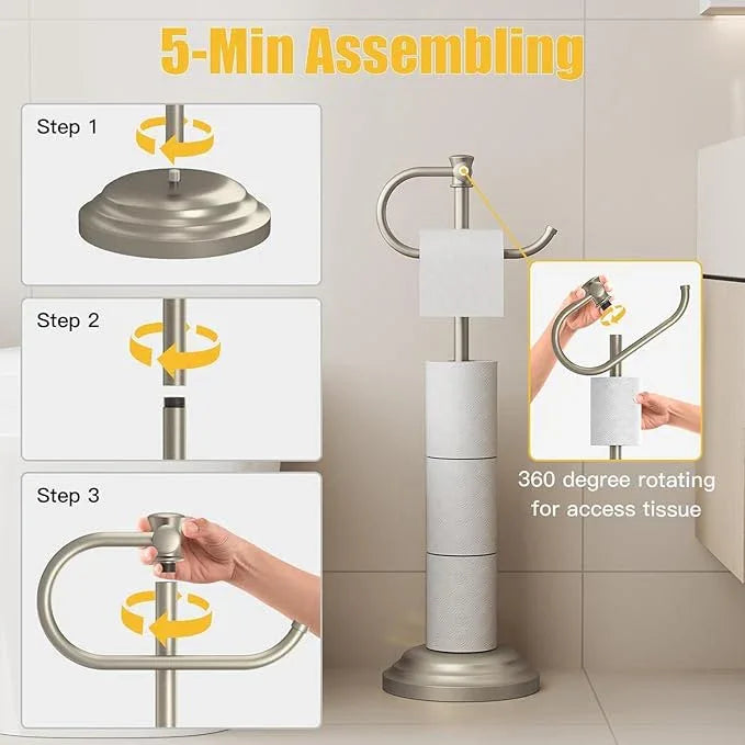 BESy Toilet Paper Holder Stand SUS 304 Free Standing Bathroom Tissue Holder with Storage Hardware Accessories Rack Hand Towel Bar Rustproof Lavatory Tissue Roll Holder Floor Modern Brushed Nickel - ModernBath
