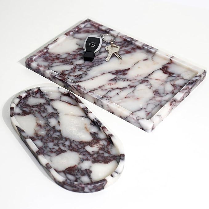 Real Luxurious Natural Marble Vanity Tray Genuine Marble Storage Tray for Home Decor Stone Tray for Bathroom/Kitchen/Vanity/Dresser Non-Resin/Non-Ceramic/Viola Oval Set - ModernBath