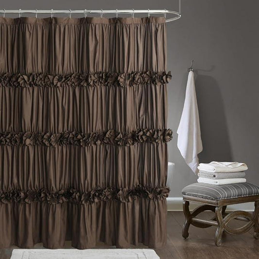 Homechoice Decor Chocolate Ruffle Shower Curtain, Vintage Handcrafted Bow Tie Bath Curtain for Master Bathroom, Ruched Microfiber Bathroom Curtain with 12 Buttonholes, 72" W x 72" H (LQ-10) - ModernBath