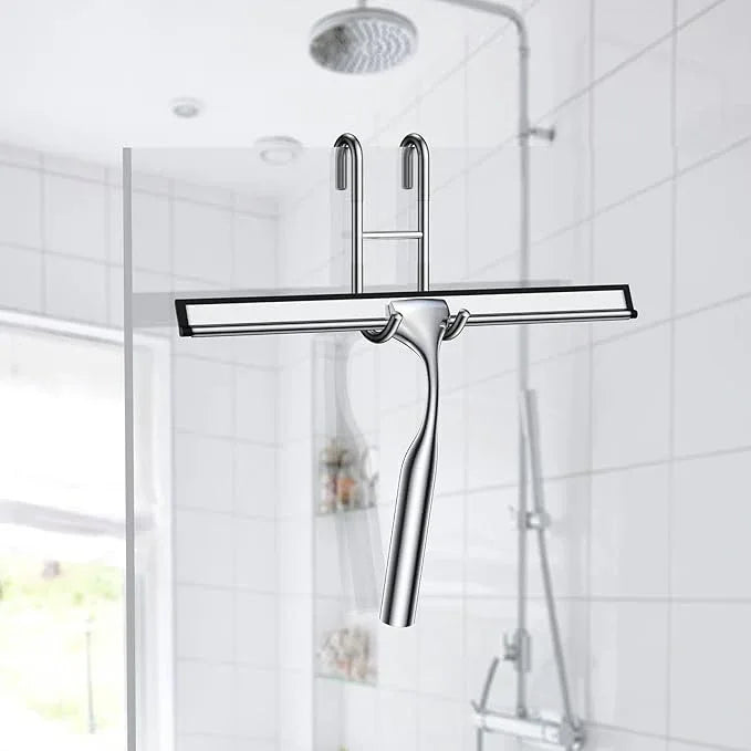 Stainless Steel Squeegee for Shower Glass Doors, 10-Inch All-Purpose Squeegee with Replacement Blade and Matching Hooks Holder, Silver - ModernBath