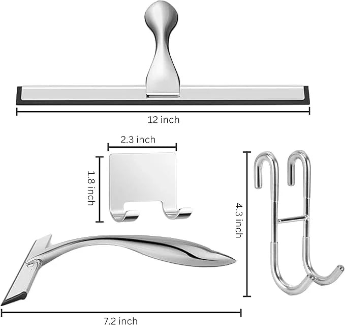12'' Light Weight Stainless Steel Shower Squeegee for Glass Doors with 4 Pieces Set (1 Window Squeegee, 1 Door Hook and 2 Adhesive Hooks) Perfect Cleaning Tool for Car, Window, Bathroom Mirror - ModernBath
