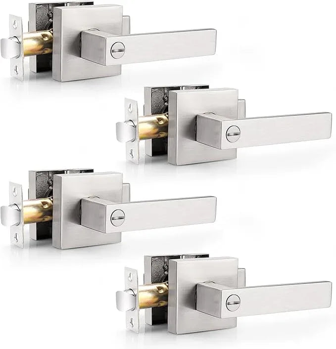 Probrico Heavy Duty Square Satin Nickel Privacy Door Levers, Interior Keyless Locks Bath/Bed Door Locksets, Reversible for Left/Right Handed Doors, 4 Pack - ModernBath
