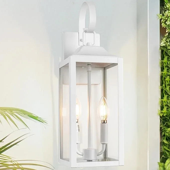 19" White Outdoor Wall Lantern 2-Light, Large Modern Wall Sconce Light Fixture, Industrial Porch Light with Glass, Waterproof Farmhouse Exterior Lamp - ModernBath