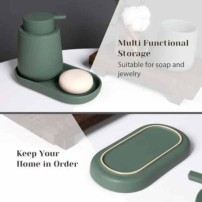 INGOFIN 3 Pcs Ceramic Bathroom Accessory Set - Liquid Soap Dispenser, Toothbrush Holder & Tray, Bathroom Counter Set, Countertop Essentials for Home, Guest Bathroom, or Office Use, Matte Green - ModernBath