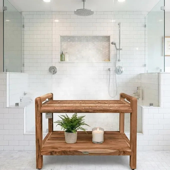 EcoDecors Eleganto 24 Inch Natural Color Waterproof Teak Wood Shower Bench Stool Seat Chair For Inside Shower Provides Safety, Storage, and Organization For Bathroom Accessories - ModernBath