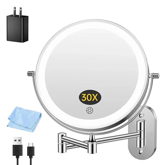 FUNTOUCH 5000mAh Rechargeable Wall Mounted Makeup Mirror with Lights,Double Sided 1X/30X Magnification,3 Color Lights,Touch Dimmable,Extended Arm 360 Rotation Lighted Bathroom Mirror - ModernBath