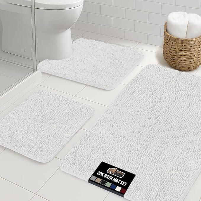 GORILLA GRIP Bathroom Rug Sets 3 Piece, Bath Mat Set and Oval Toilet Base with Rubber Backing, Plush Absorbent Shaggy Chenille Washable Mats, Includes 24x19.5, 24x17 and 36x24 Inch Rugs, White - ModernBath