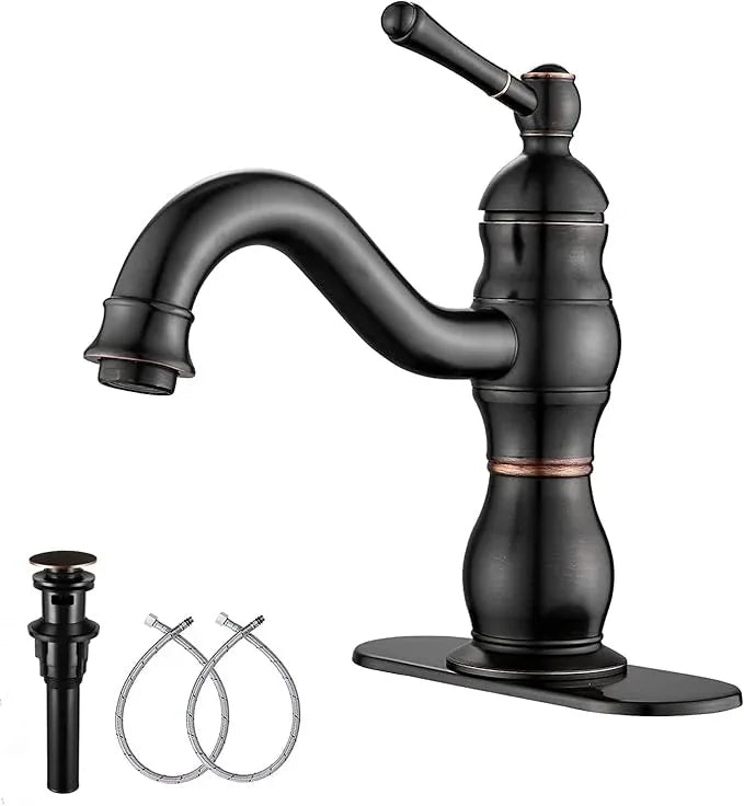 Oil Rubbed Bronze Bathroom Faucet GGStudy Bathroom Vanity Faucet Single Handle One Hole Bathroom Sink Faucet Basin Mixer Tap Matching Pop Up Drain with Overflow - ModernBath