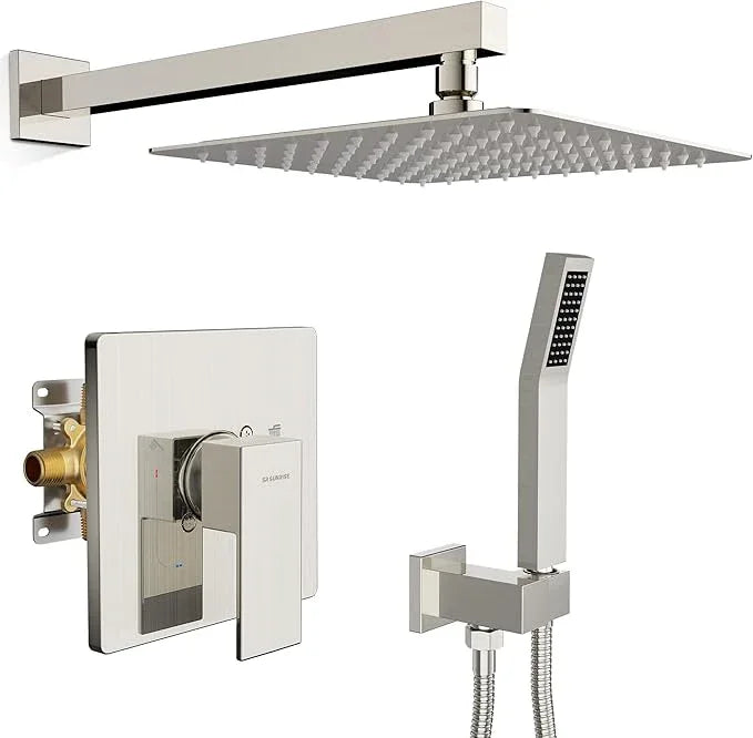 SR SUN RISE Shower Faucet Set & System - 10 Inch Rainfall Shower Head & Handle Set Wall Mounted Brushed Nickel Solid Brass Valve Trim Kit Included - ModernBath