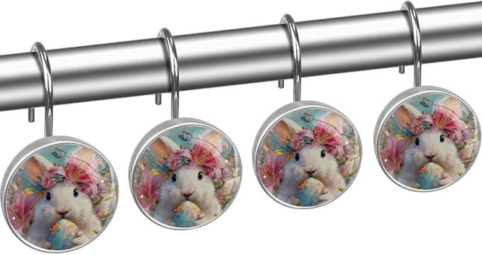 Easter Rabbit and Flowers Shower Curtain Hooks 12Pcs, Decorative Rust Resistant Shower Rings for Shower Curtain Rods, Stainless Steel Round Curtain Hooks for Bathroom, Bedroom, Farmhouse - ModernBath