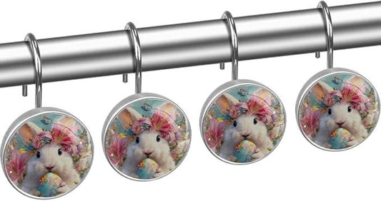 Easter Rabbit and Flowers Shower Curtain Hooks 12Pcs, Decorative Rust Resistant Shower Rings for Shower Curtain Rods, Stainless Steel Round Curtain Hooks for Bathroom, Bedroom, Farmhouse - ModernBath