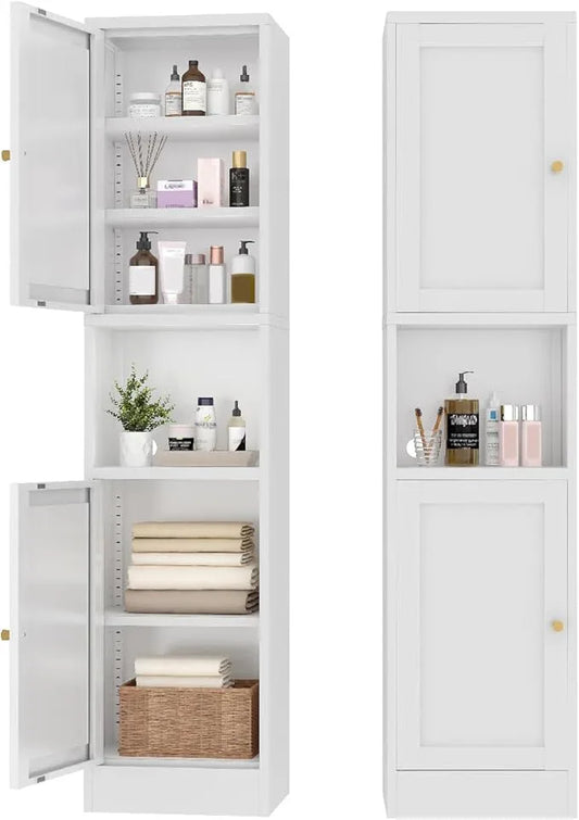 Metal Bathroom Storage Cabinet, 67" Tall Narrow Freestanding Floor Cabinet with Adjustable Shelves and Open Compartment, Slim Metal Locker for Laundry, Kitchen, Dining Room - ModernBath