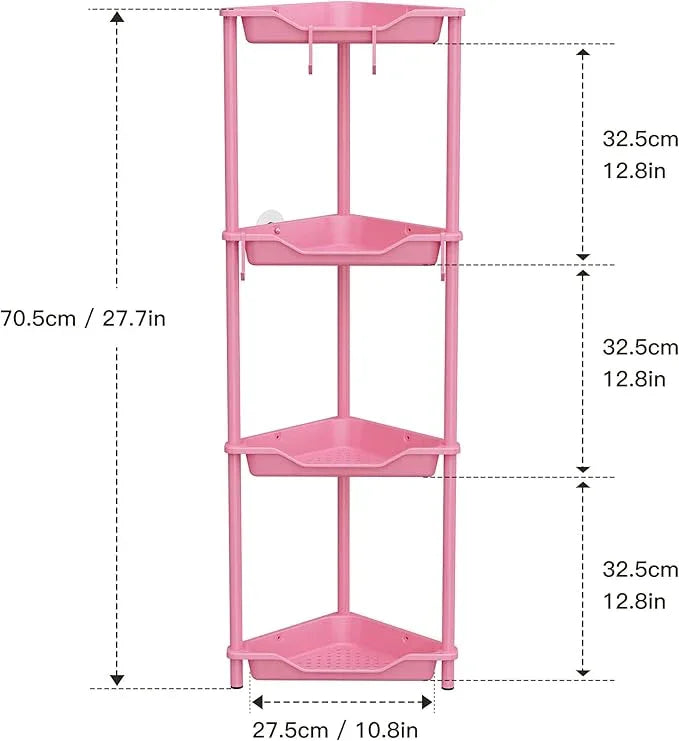Orimade Rustproof 4 Tier Floor Standing Corner Shower Caddy Organizer, Plastic Metal Splicing Floor Corner Shelf Rack Storage Stands for Bathroom,10.8 x 10.8 x 44.6 inches, Pink - ModernBath