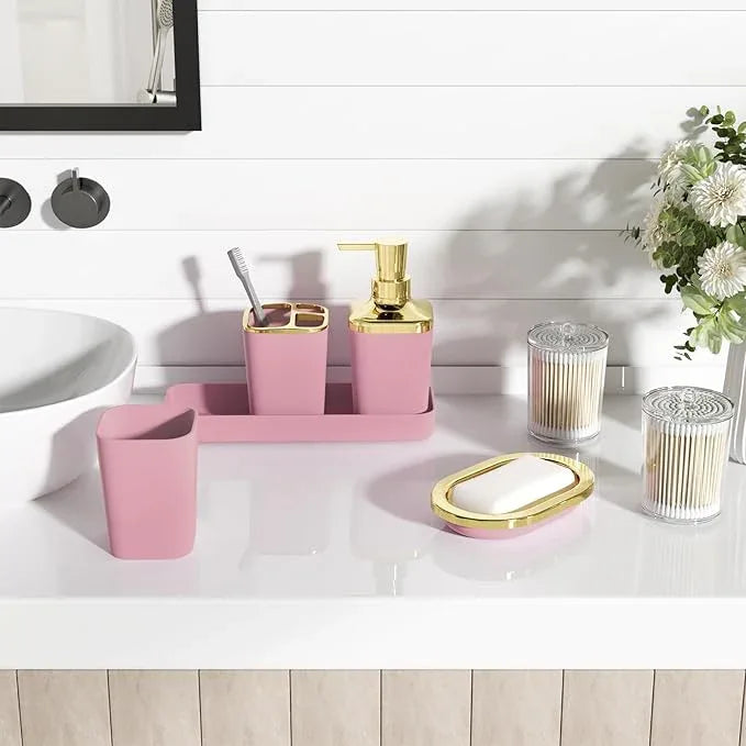 XLHOMO Bathroom Accessories Set - 25PC Bathroom Set with Shower Curtain and Rugs, Pink Bathroom Set, Bathroom Accessory Set with Press-on Lid Trash Can, Soap Dispenser and Qtip Holders - ModernBath
