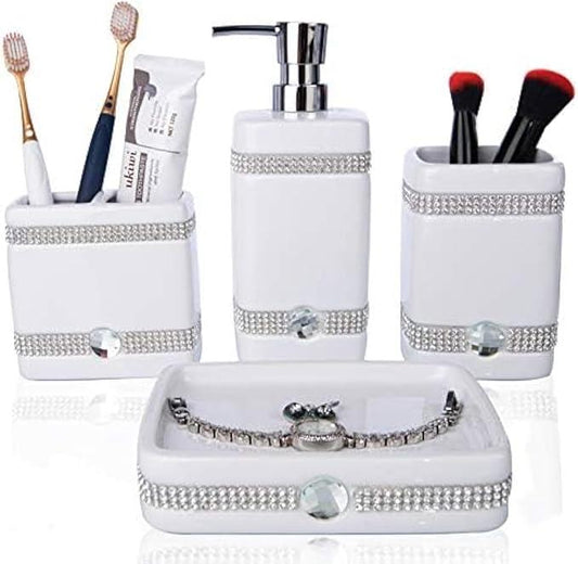 CAA'S Bathroom Accessories Set Ceramic 4 Pieces Bathroom Ensemble for Bath Decor Includes Lotion Dispenser Toothbrush Holder Tumbler Soap Dish (White Inlaid Zircon) - ModernBath