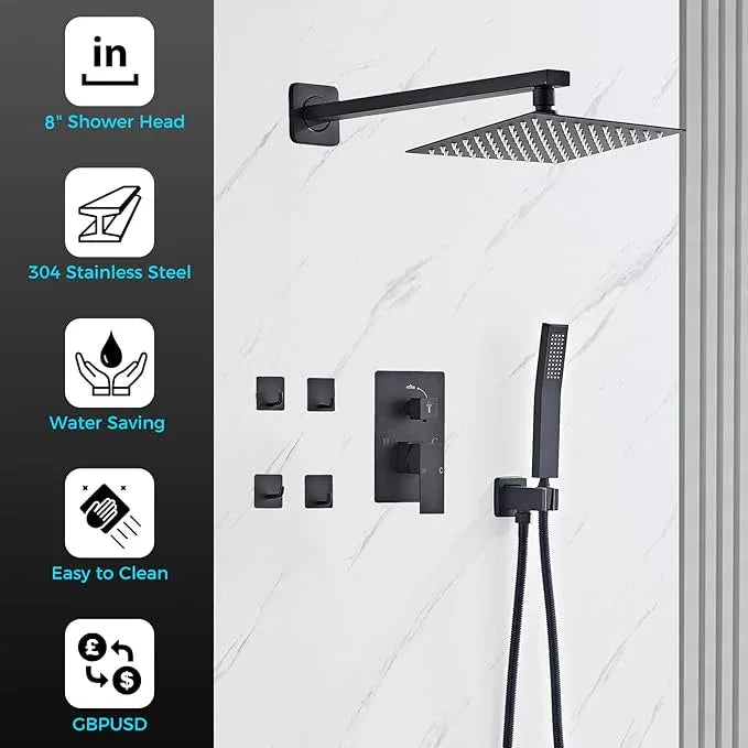 Shower Faucet Set Matte Black Complete Shower System with 8 Inches Rain Shower Head and Handheld Spray Bathroom Rain Shower Faucet Set Rainfall Shower System with Shower Valve（RY3-LYQ2-Black） - ModernBath