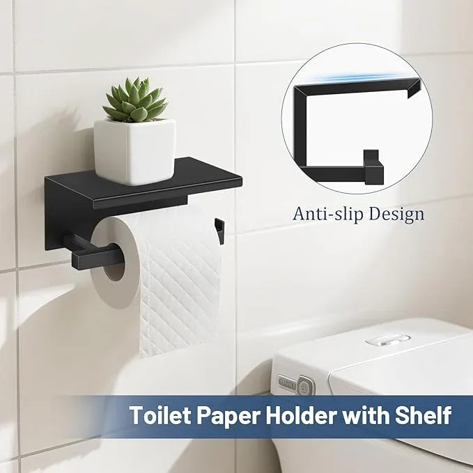 TURS 5-Pieces Matte Black Bathroom Hardware Accessories Set 23.6" Towel Bar Set Wall Mounted Square Toilet Paper Holder with Shelf Stainless Steel - ModernBath
