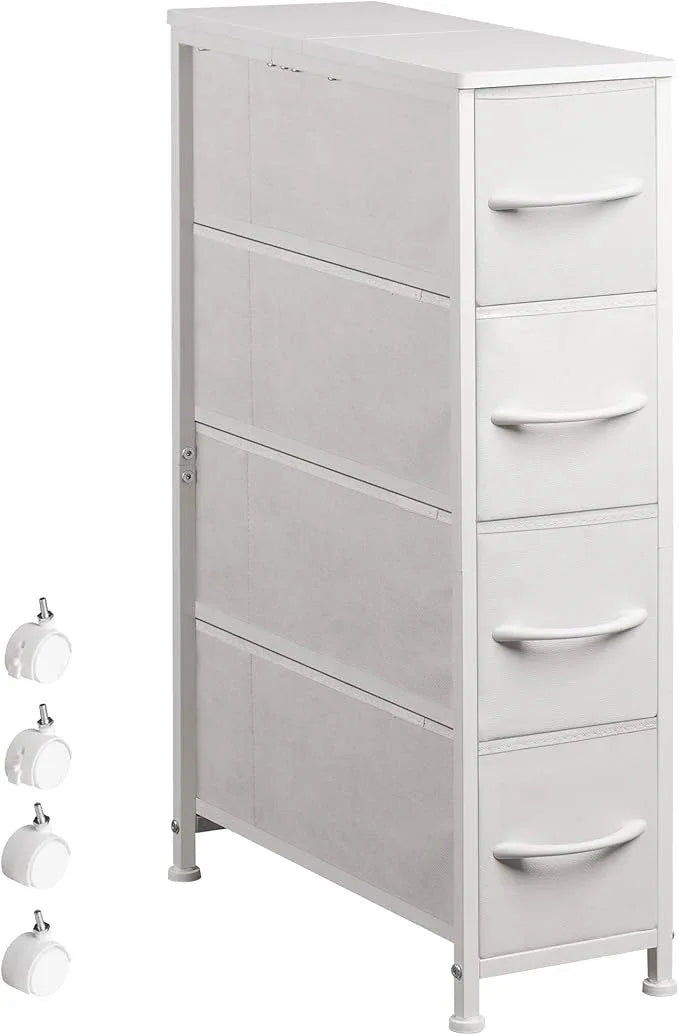 Narrow Dresser Storage Tower with 4 Drawers, Slim Dresser Chest of Drawers with Steel Frame, Wood Top, Dresser for Bedroom, Bathroom, Small Spaces, Laundry, Closet (White) - ModernBath