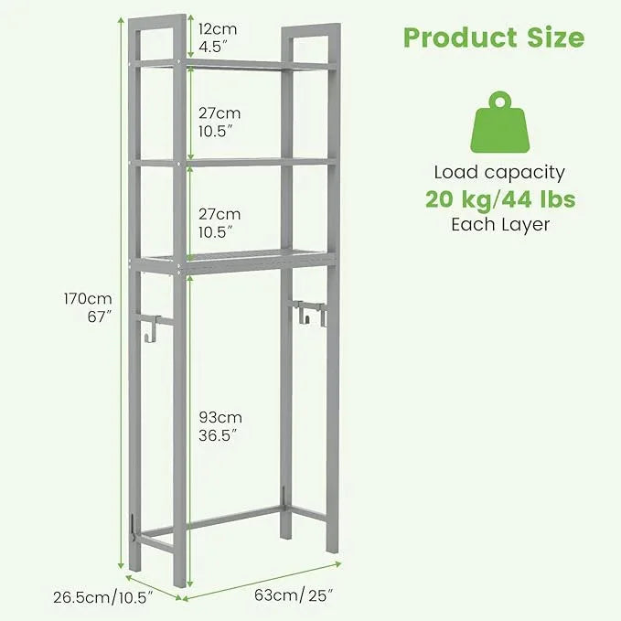 Giantex Over The Toilet Storage Rack, 3-Tier Metal Bathroom Organizer with 3 Hooks, Adjustable Bottom Bar, Anti-Tippling Devices, Freestanding Toilet Space-Saver for Bathroom, Laundry (Gray) - ModernBath