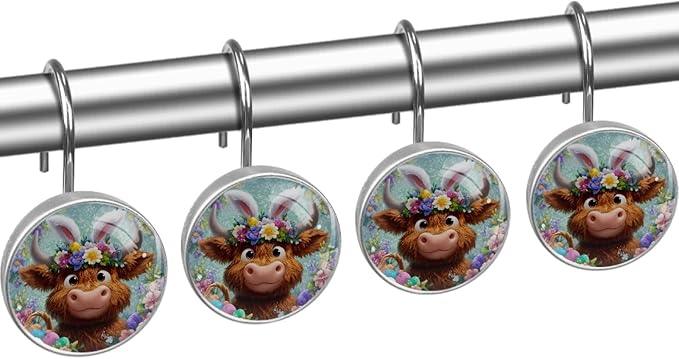Easter Highland Cows and Florals Shower Curtain Hooks 12Pcs, Decorative Rust Resistant Shower Rings for Shower Curtain Rods, Stainless Steel Round Curtain Hooks for Bathroom, Bedroom, Farmhouse - ModernBath