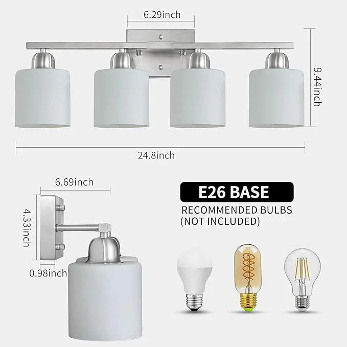 4 Light Bathroom Light Fixtures, Brushed Nickel Vanity Lights for Bathroom with Milky White Frosted Glass Shade, Wall Lights for Mirror Bedroom Living Room E26 Base - ModernBath
