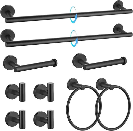 TQKAG Matte Black Bathroom Hardware Accessories Set 10-Pieces, Premium SUS304 Stainless Steel Bathroom Towel Bar Holder Set 23.6 Inch Round Towel Racks for Bathroom Wall Mounted - ModernBath