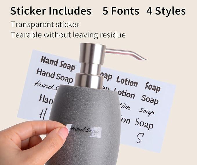 Clasin Home Sandstone Textured Resin Soap Dispenser with Metallic Pump and Waterproof Bottle Labels for Bathroom Kitchen Dish Hand Wash Shower Lotion Shampoo, 12 Oz, 2 Sets Gray - ModernBath