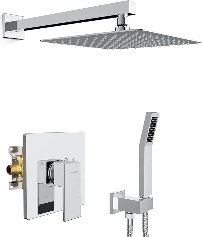 SR SUN RISE Shower System Bathroom 10 Inch Rainfall Shower Head & Handle Set Wall Mounted Rain Shower Faucet Set Polished Chrome - ModernBath