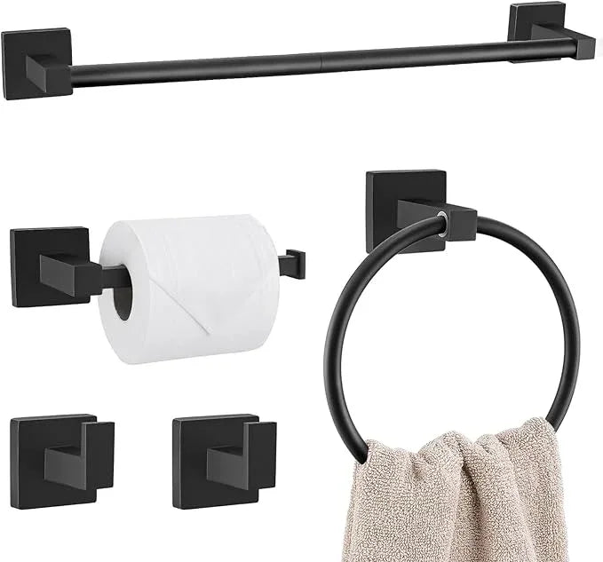 Lairuier 5-Piece Matte Black Bathroom Hardware Set, Bathroom Accessories Set with Towel Bar, Toilet Paper Holder and 2 Towel Hooks SUS304 Stainless Steel Towel Bar Set Wall Mounted - ModernBath