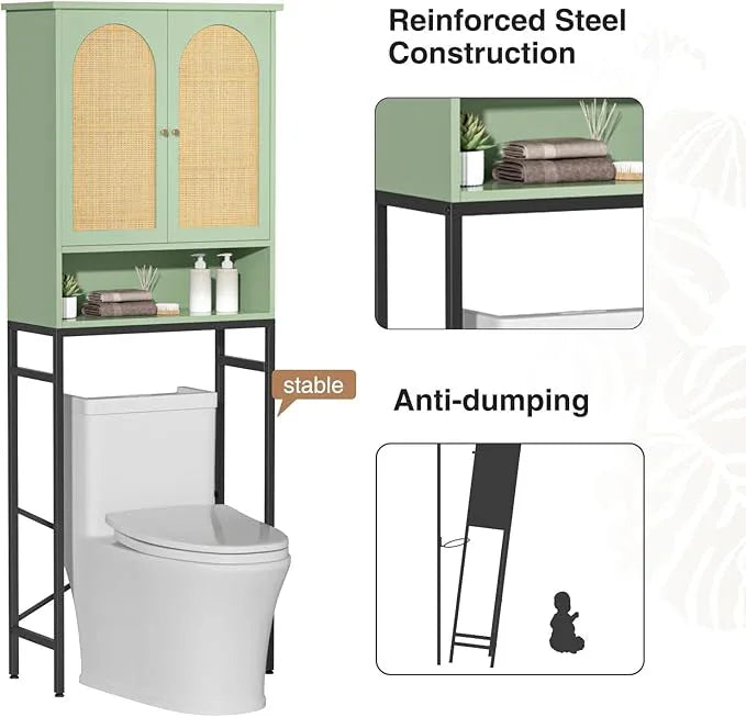 Rattan Toilet Storage Cabinet, Over The Rack Wood Cabinet with Metal Stand, Bathroom Organizer with Adjustable Shelf, Space Saving Cupboard for Small Bathrooms, Washer Shelf, Green - ModernBath