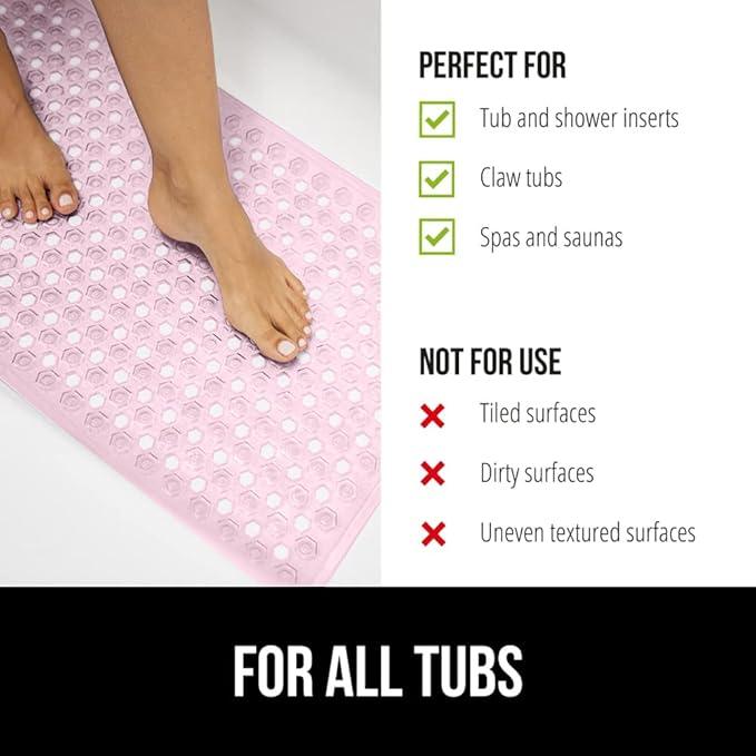 GORILLA GRIP Patented Bath Tub Shower Mat, Machine Washable Bathtub Floor Liner Mats, Suction Cups and Drain Holes to Keep Tubs Clean, Soft on Feet, Bathroom Essentials, 35x16 Inch, Clear Light Pink - ModernBath
