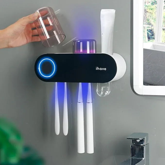 iHave Toothbrush Holders for Bathrooms, UV Toothbrush Sanitizer and Holder Smart Home Bathroom Accessories, 2 Cups Electric Toothbrush Holder Wall Mounted with Toothpaste Dispenser Bathroom Decor - ModernBath