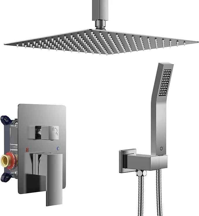 FORIOUS Shower Head System, 10 Inch Rain Shower Faucet Set with Handheld Spray Combo Rough-in Valve, Solid Brass Pressure Balanced Valve Trim Kit, Ceiling Mount, Brushed Nickel - ModernBath