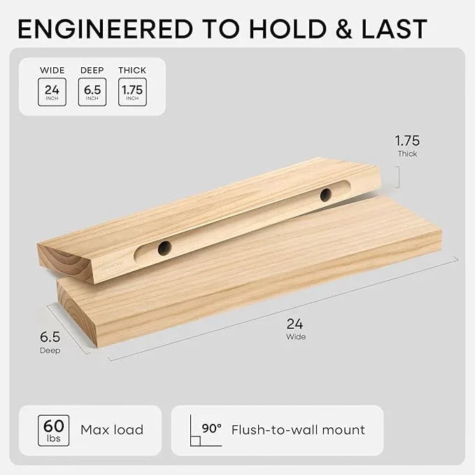 Homeforia 24 inch Natural Floating Shelf, High End Solid Real Wood 24inch Small Floating Shelves for Wall Mounted, Natural Wooden Floating Shelves, Heavy Duty Bracket, 24 X 6.5 X 1.75 in, Set of 4 - ModernBath