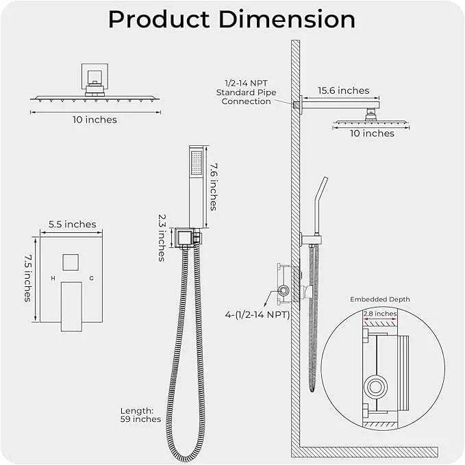 RNDIOZD Chrome Shower Faucet Set, 10 inch Rain Shower System with Pressure Balance Valve, Wall Mounted 2-Functions Bathroom Shower Systems with Rain Shower and Handheld Spray Shower Trim Included - ModernBath
