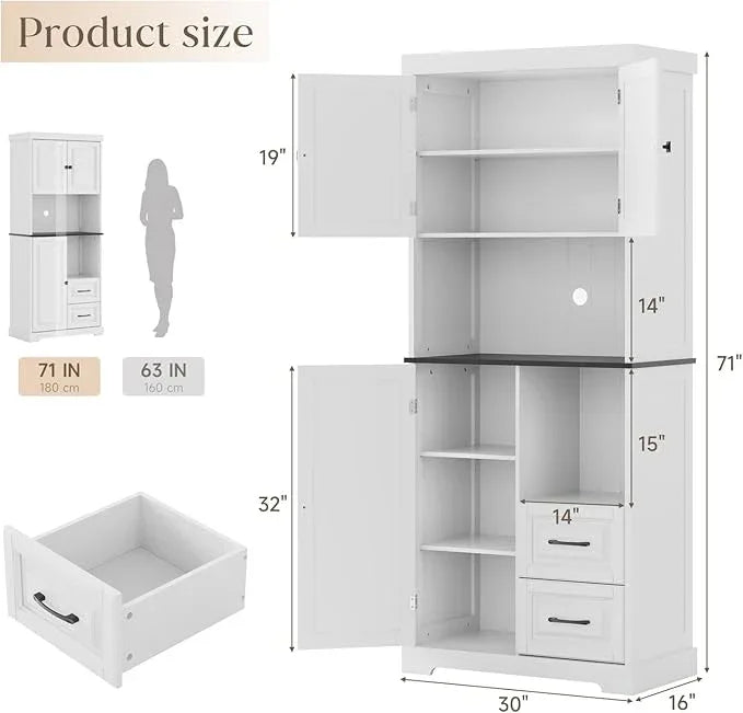 71" Tall Kitchen Pantry Cabinet, White Wooden Storage Cabinet with Drawers & Wire Hole & Adjustable Shelves & Anti-Tip Device, Multipurpose Pantry Cabinets for Kitchen Bathroom Living Room - ModernBath