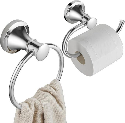 Hoimpro Polished Chrome Towel Ring Toilet Paper Holder Set, 2 PCS Wall Mounted Bathroom Hardware Fixture Toilet Roll Tissue Holder, Hand Towel Bar Towel Rack Bathroom Accessories Set - ModernBath