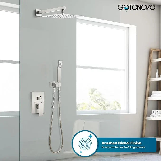 gotonovo Rainfall Bathroom Shower System Rain Shower Head and Handle Set Wall Mounted Shower Complete Combo Solid Brass Pressure Balancing Shower Mixer Valve 12 Inch Brushed Nickel - ModernBath