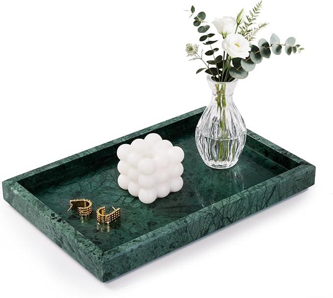 Homaura Marble Bathroom Tray for Countertop & Home Decor, Natural Decorative Marble Tray for Jewelry & Perfume Organizer, Luxury Stone Vanity Trays for Dresser, Kitchen Counter, 12" x 8", Green - ModernBath