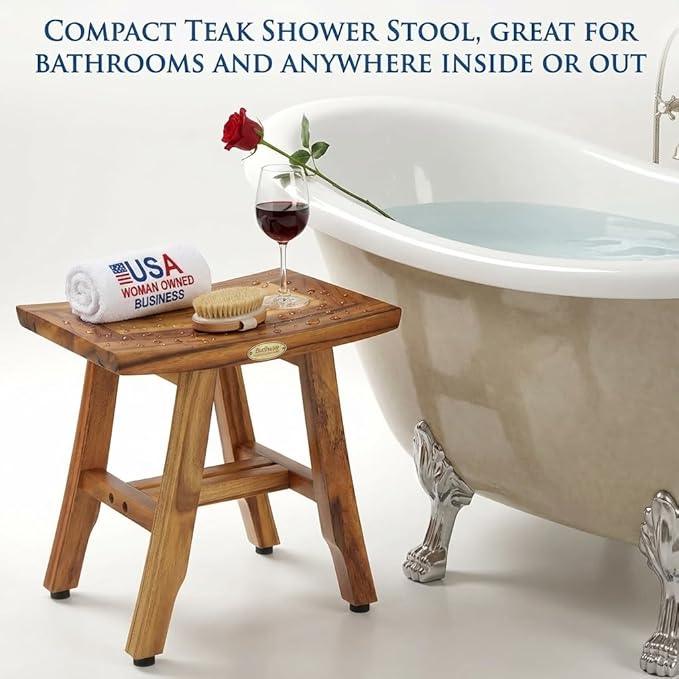 EcoDecors® Satori® 14" Solid Teak Shower Bench, Water-Resistant Bath Stool with Adjustable Feet, EarthyTeak Finish, Indoor/Outdoor Use - ModernBath