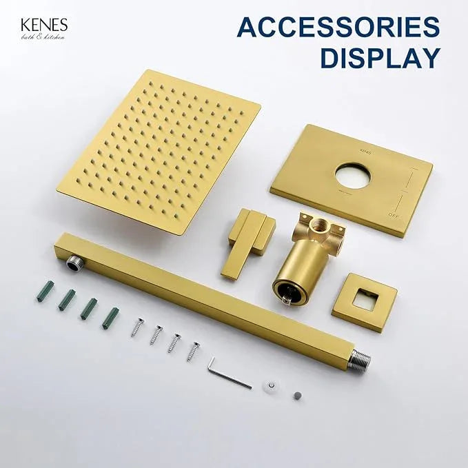 KENES Brushed Gold Shower Faucet, Modern Square 10-Inch Shower Head and Handle Set, Bathroom Rainfall Shower System Wall Mount, KE-6024B-4 (Including Shower Valve) - ModernBath