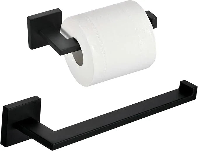 Matte Black Bathroom Accessories Hardware Set 2 Pieces, Toilet Paper Holder + Hand Towel Holder, Wall Mounted Towel Ring Towel Bar, SUS304 Stainless Steel, SHUNLI - ModernBath