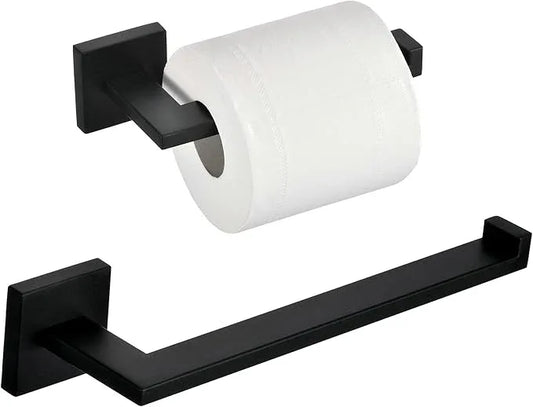 Matte Black Bathroom Accessories Hardware Set 2 Pieces, Toilet Paper Holder + Hand Towel Holder, Wall Mounted Towel Ring Towel Bar, SUS304 Stainless Steel, SHUNLI - ModernBath