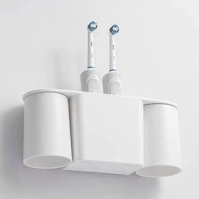 FLAUVEL Wall-Mounted Toothbrush and Toothpaste Holder - Self-Draining Design, Easy Installation, Space-Saving, White (Double - Two Magnetic Cups) - ModernBath