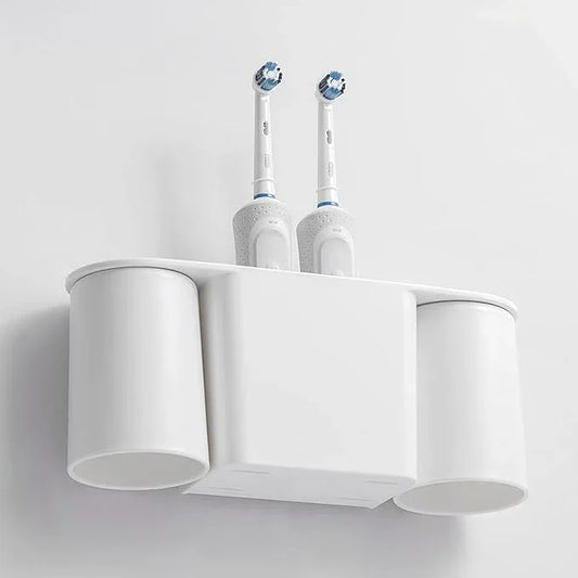 FLAUVEL Wall-Mounted Toothbrush and Toothpaste Holder - Self-Draining Design, Easy Installation, Space-Saving, White (Double - Two Magnetic Cups) - ModernBath