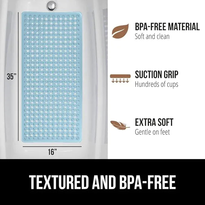 GORILLA GRIP Patented Bath Tub Shower Mat, Machine Washable Bathtub Floor Liner Mats, Suction Cups and Drain Holes to Keep Tubs Clean, Soft on Feet, Bathroom Essentials, 35x16 Inch, Clear Blue - ModernBath