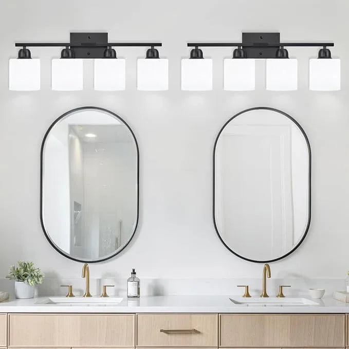 FAISHILAN 4-Light Black Bathroom Vanity Light, Light Fixtures with Milky White Frosted Glass Shades, Black Vanity Light for Bathroom Mirror, Bedroom, Living Room, Vanity Table, E26 Base - ModernBath