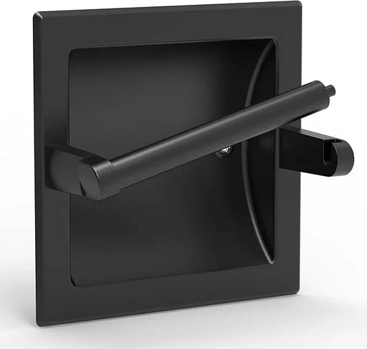 Matte Black Recessed Toilet Paper Holder for Regular Rolls,Contemporary Hotel Style Pivoting Toilet Tissue Holder Wall Mount Made of Metal, in Wall Toilet Paper Holder - ModernBath