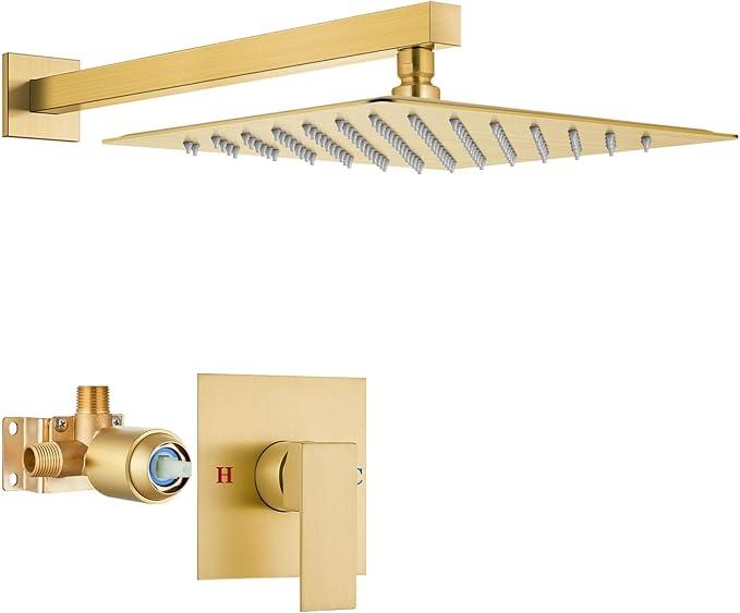 Airuida Shower Faucet Set Bathroom Rain Shower System SUS304 Stainless Steel Single Handle With Male Threads Rough-in Valve Shower Trim Kit 12 Inch Wall Mount Shower Head Brushed Gold - ModernBath